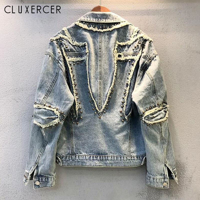 

Korea Spring Autumn Jean Jacket Womens New Long Sleeve Pockets Rivet Denim Jacket Loose Outwear Female