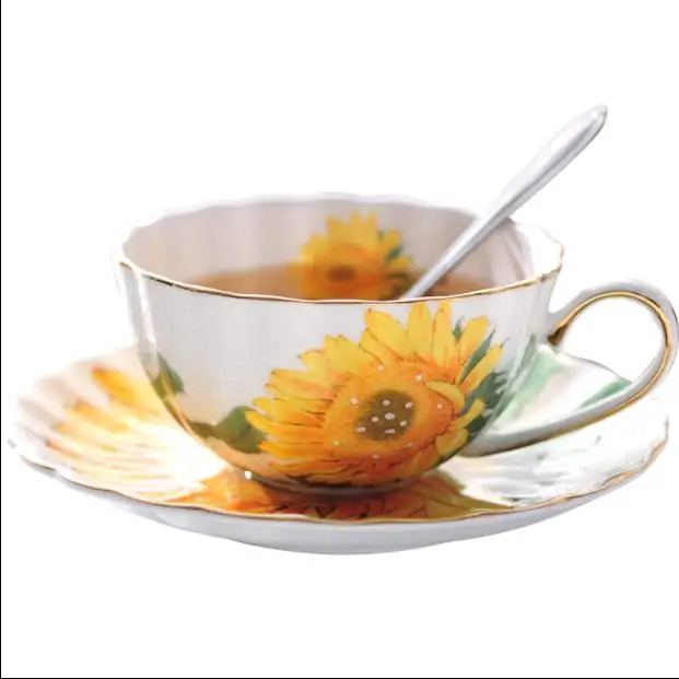 Fine Bone China Tea Coffee Cup Saucer Set Sunflower Pattern Teacup