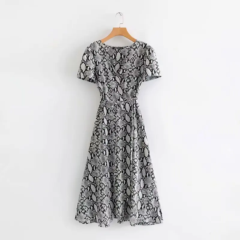 

2019 new women vintage cross v neck snake skin print vestidos casual slim midi dress short sleeve lace up chic dresses DS2128