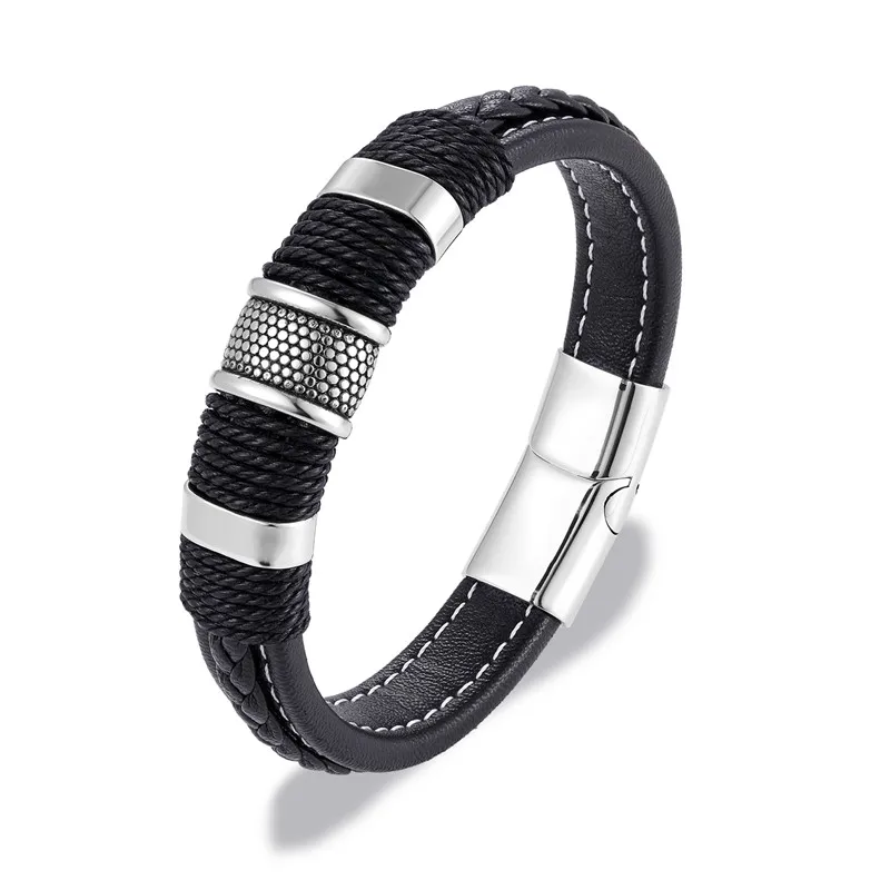 MKENDN Brand Multilayer Braid Genuine Leather Bracelet Titanium Stainless Steel Magnetic Buck Bracelet Men Woven Bangle Pulseras