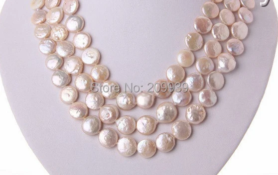 

huij 004062 stunning 3rows 12mm round coin pink freshwater cultured pearl necklace