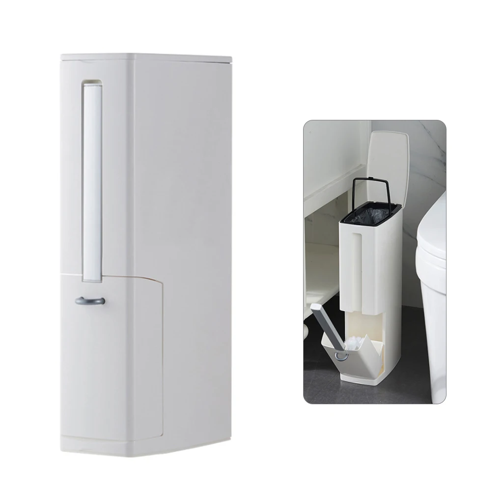

Narrow Plastic Trash Can Set Toilet Brush Bathroom Waste Bin Garbage Bag With Lid Toilet Brush Container Plastic Dustbin Set