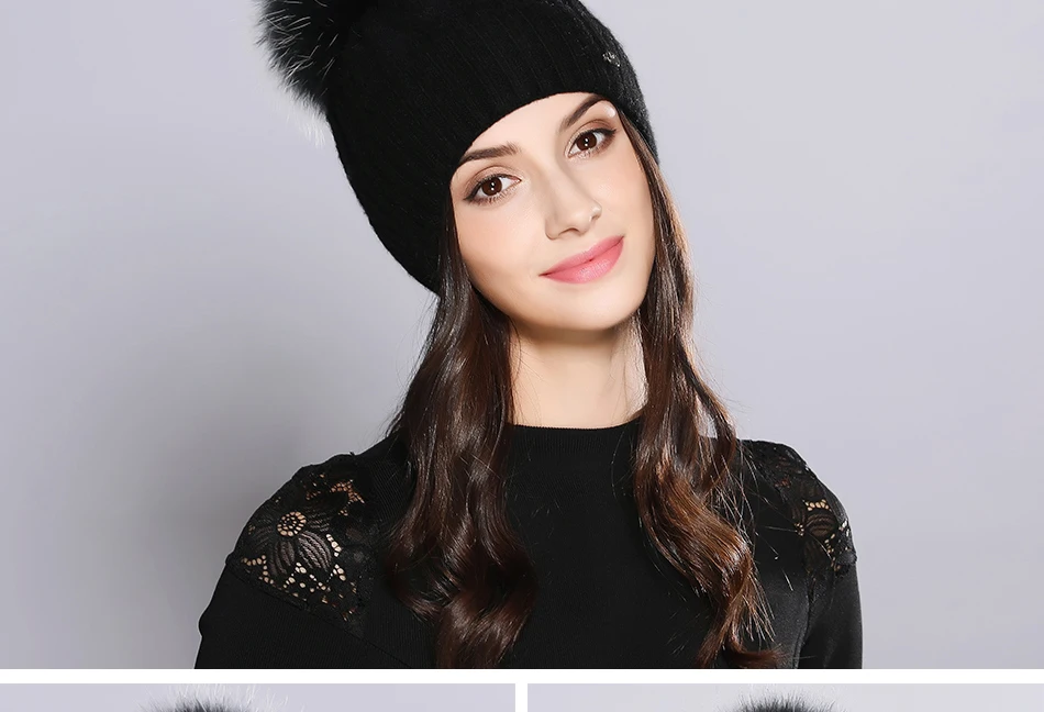 Woman Winter Hats Wool Skullies Beanie Raccoon Fur Pom Pom Stripe Knitted Hat Female Autumn Skullies Beanies  (14)