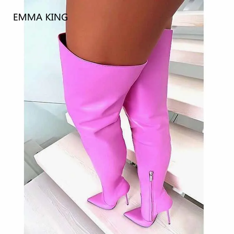 Модные ботфорты с острым носком на высоком каблуке Фиолетовые женские ботфорты с боковой молнией пикантные женские сапоги черного цвета