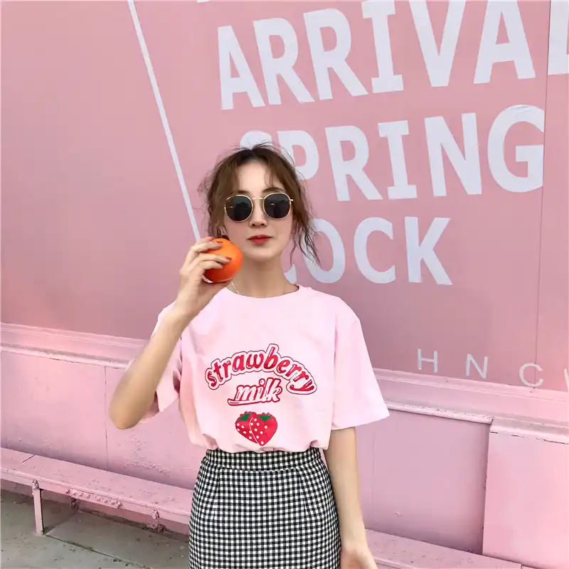 原宿かわいいルースイチゴミルクtシャツトップス女性の夏の韓国ファッションオルtシャツ女子高生ストリートかわいい服 Tシャツ Aliexpress