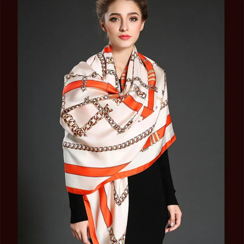 

New Fashion Women Luxury Brand Twill Silk Scarf Geometric British Style Belt Print Square Scarves Shawls Wraps Hijab Headband