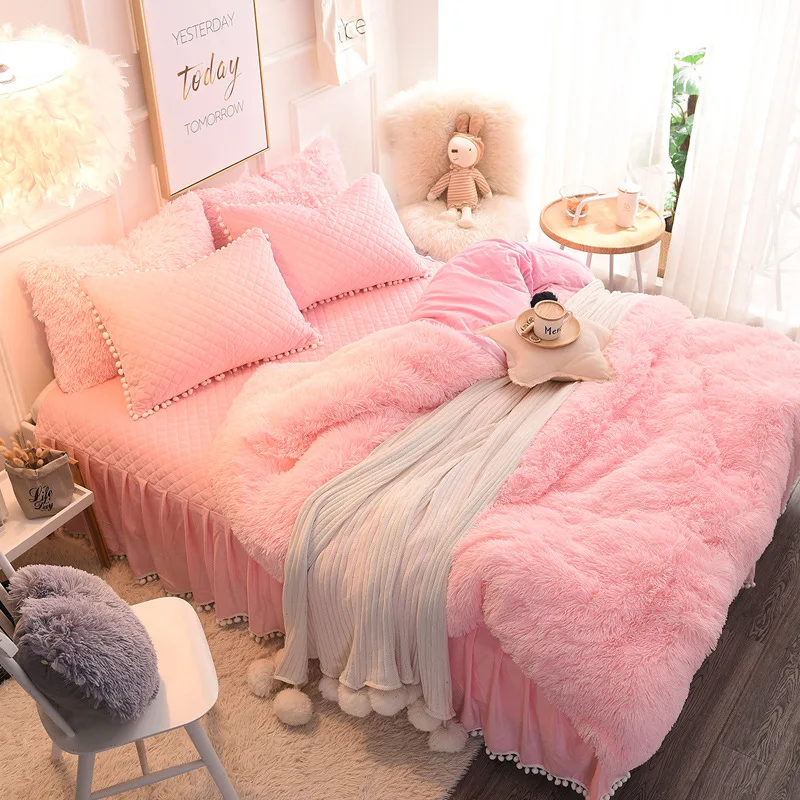 

4pcs/set New Princess Style Winter Soft Warm Long Plush Shaggy Cashmere Duvet Cover Bed Skirt Fitted Pillowcase Bedding Set