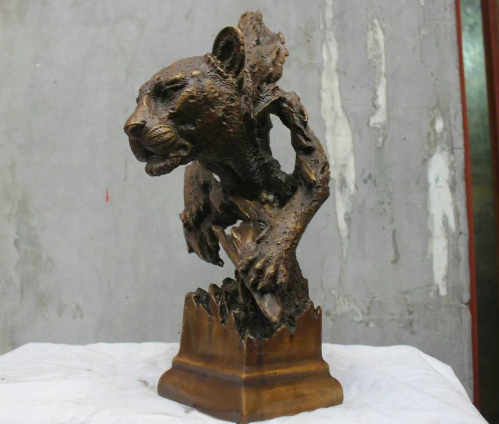 Chinese Folk Culture Brass Copper bronze statue Leopard Cheetah Head