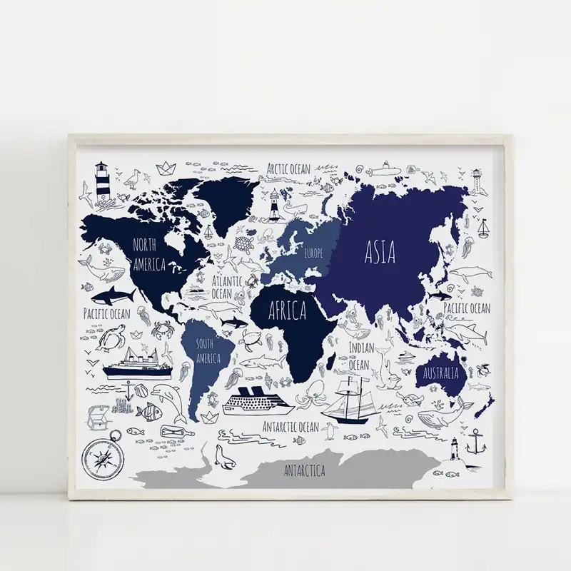 art map of the world poster Navy Blue Nautical World Map Poster For Kids World Map Canvas art map of the world poster
