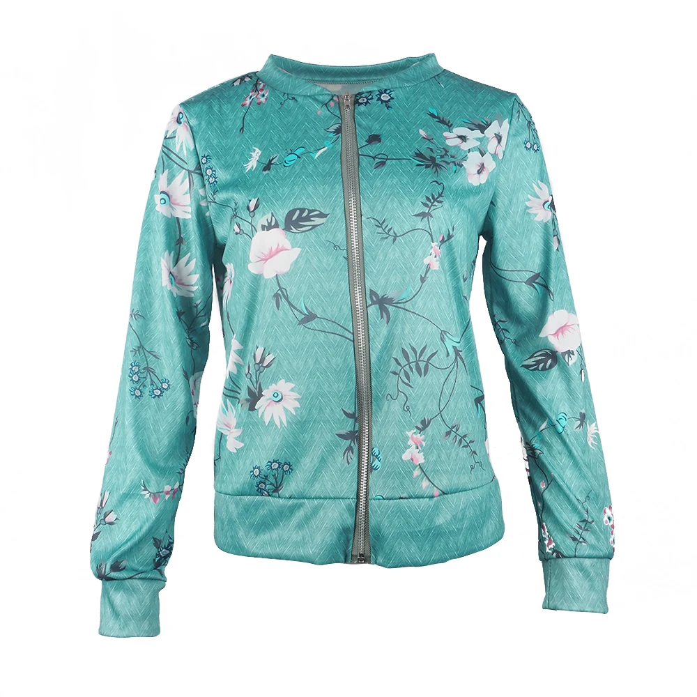 Fashion Floral Print Short Jacket Women Spring Summer Thin Long Sleeve Slim Bomber Jacket O-Neck Zipper Casual Plus Size Jacket