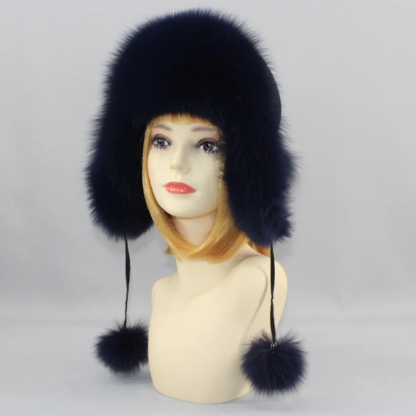 New Winter Women Lovely Real Fox Fur Hats Natural Fox Fur Winter Quality Thick Warm Fox Fur Bomber Hat - Цвет: dark blue