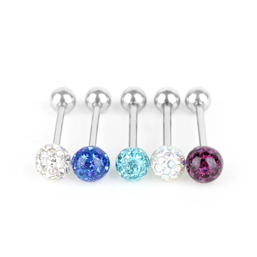 

1PC Surgical Steel Czech Crystal Ball Barbell Bar Tongue Ring Studs Piercing Pin Fashion Jewelry Decoration Accessories 5 Colors