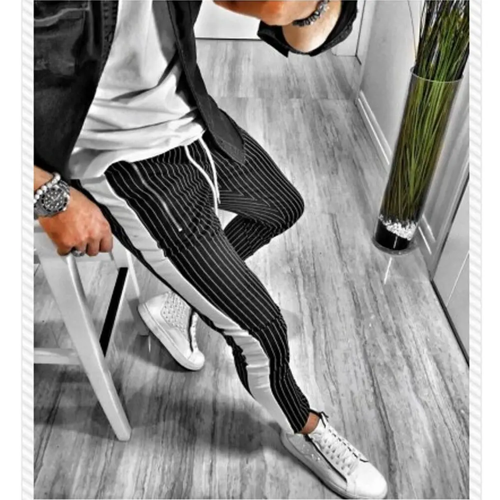 Hot Men Pants Hipster Jogger Elastic Gym Fitness Workout Track Side Color Strip Summer Spring Casual 3