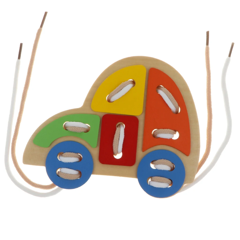 Baby Boys Girls Wooden Threading Board Kids Lacing Toy Early Educational Activity Laces Game Car Kindergarten Montessori Toy