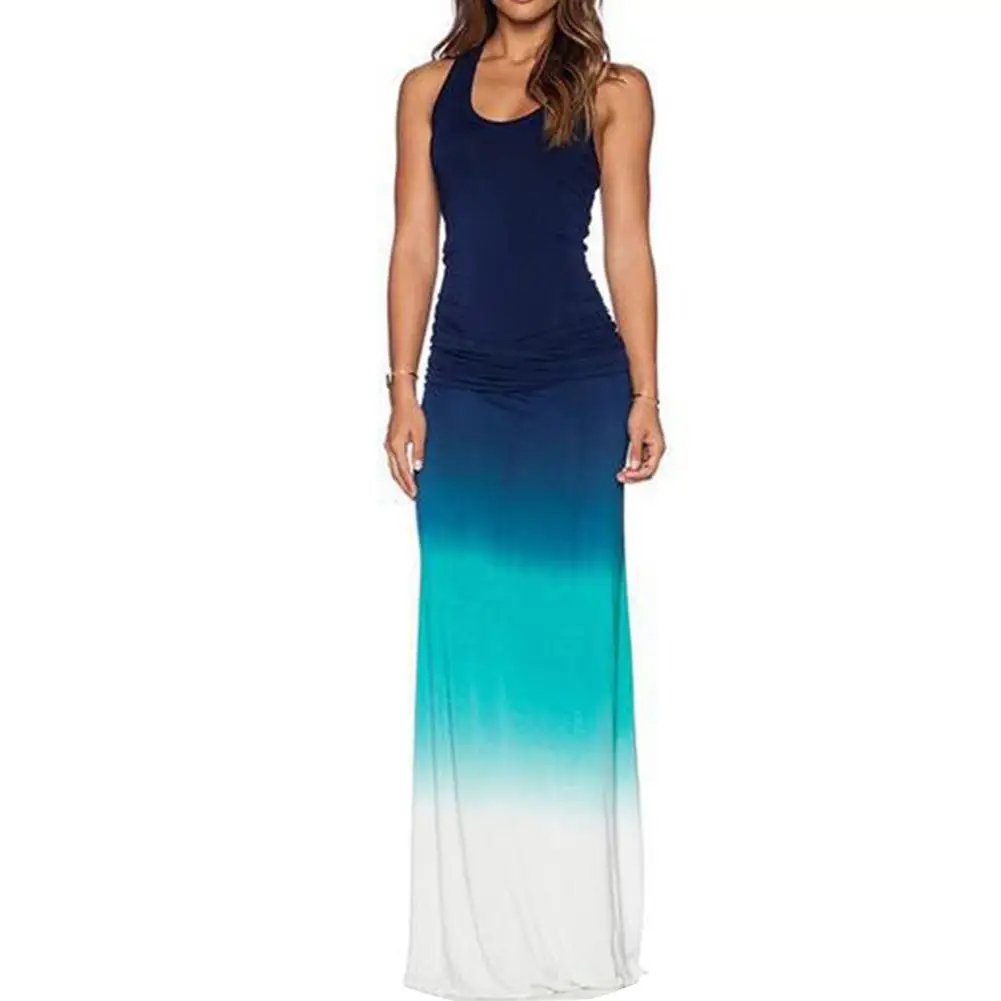 

Fashion Dress Women Summer Autumn Beach Casual Sexy Gradient Sexy Backless Sleeveles Round Neck Long Dresses Plus Size Women