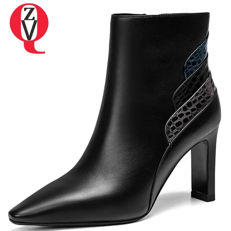 

ZVQ women shoes 2018 new fashion sexy mixed colors genuine leather super high strange style square toe zip winter warm booties