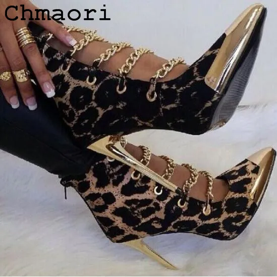 

2018 Hot Selling Pointed Toe with mental decoration animal printing Boots Woman short Boots And Metal bead decoration