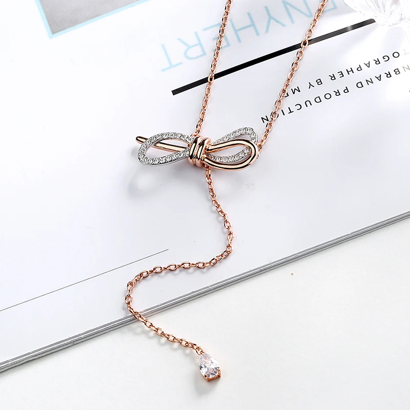 

WPB High quality 100% 925 silver Original Swarovski original bow tassel necklace charm woman gift