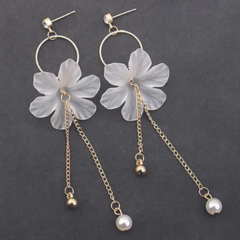 Acrylic Long Drop Earrings for Women Fashion Flower Imitation Pearl
