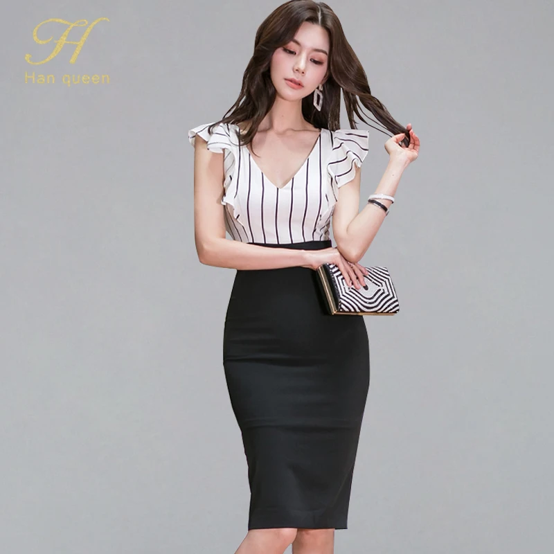 

H Han Queen Striped Patchwork Pencil Bodycon Dress Women Summer 2019 Sexy V-neck Sheath Dresses OL Ruffles Sleeve Work Vestidos