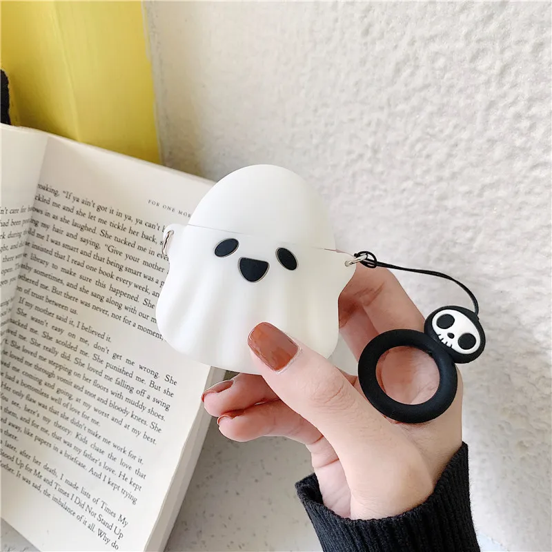 Стильный милый 3D Ghost силиконовый bluetooth беспроводной Чехол для наушников для Apple AirPods 1 2 защитный чехол Череп узор палец кольцо - Цвет: White