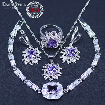 

Romantic Women Gift Tear Drop Earrings Neckalce Ring AAA Purple Cubic Zircon Micro Pave Silver Color Jewelry Sets