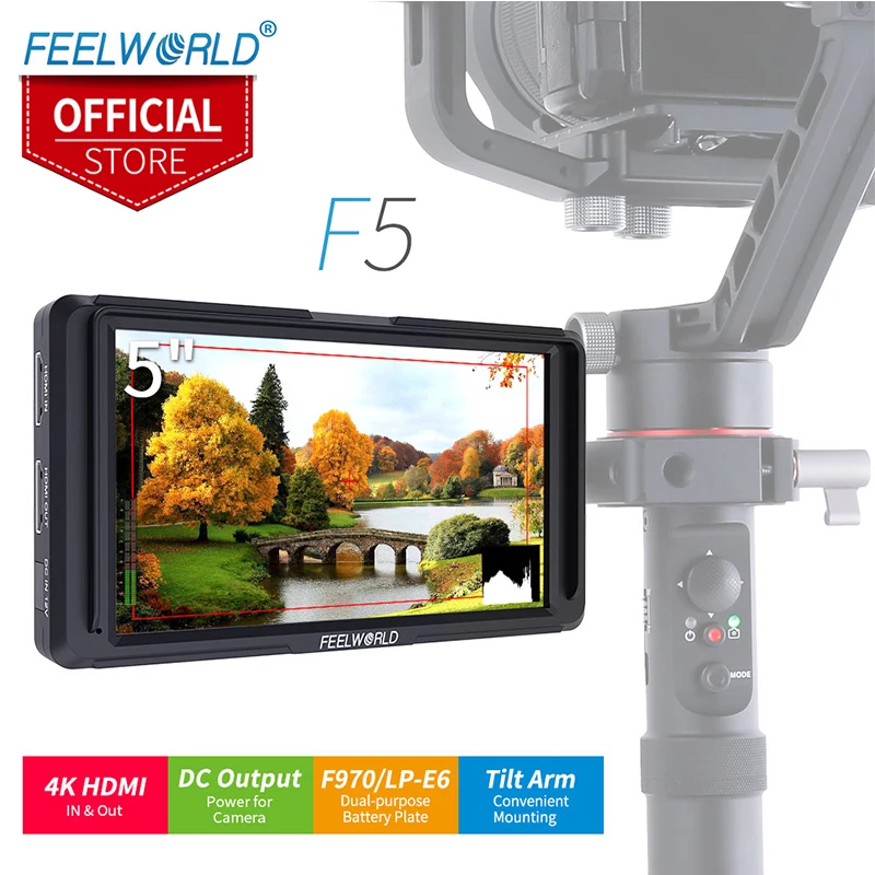 

Feelworld 5 inch On Camera Field DSLR Monitor Full Small IPS 4K HDMI Input OutputTilt Arm DC Power F5