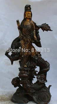 

bi001104 27 China Bronze Gild Stand Dragon Kwan-yin Guan Yin Boddhisattva Goddess Statue