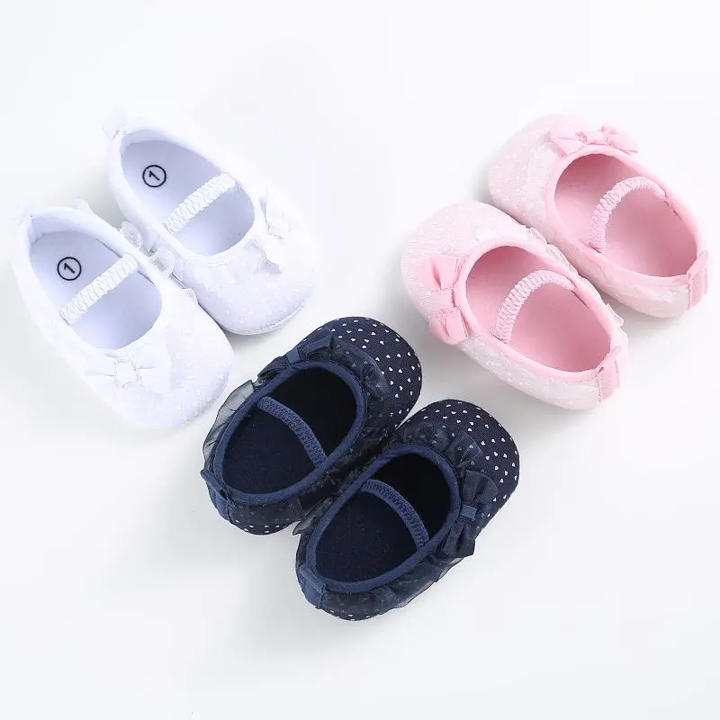 

Simple Newborn Baby Shoes Toddler Prewalkers Anti-Slip First Walkers White Bowknot Dot Baby Girl Lace Shoes 0-18 Months