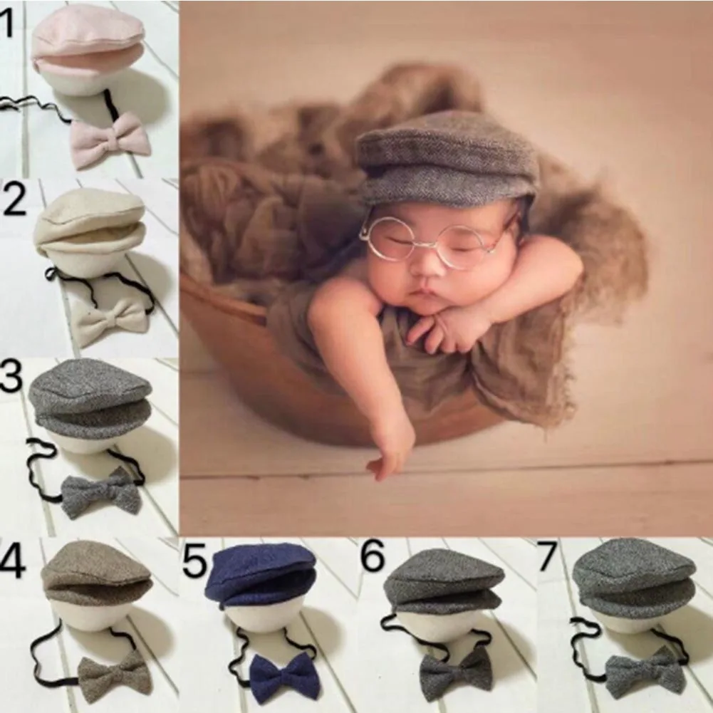 1Set Newborn Photo Props Baby Boys Hat + Bow Tie Set Newborn