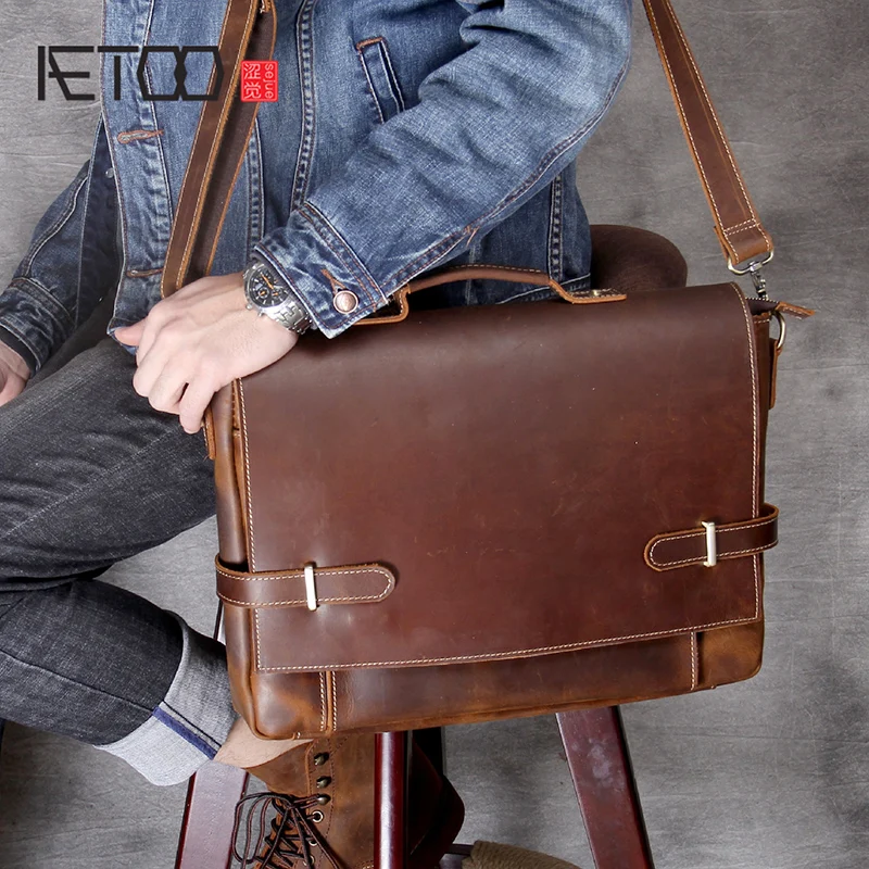 

AETOO Retro head cowhide Laptop Briefcase Men's shoulder crossbody bag