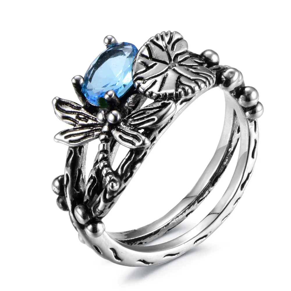 

Lady Rings Jewelry Wedding Retro Silver Plated Crystal Lotus leaf Dragonfly Delicate gift Dropshipping
