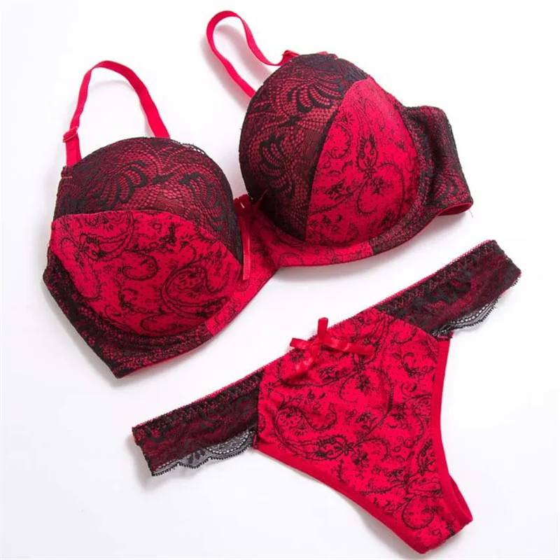 sexy bra panty set Varsbaby sexy thong lingerie set push up plus size bra and panty set lace print underwire bow large size women underwear set plus size bra and panty sets