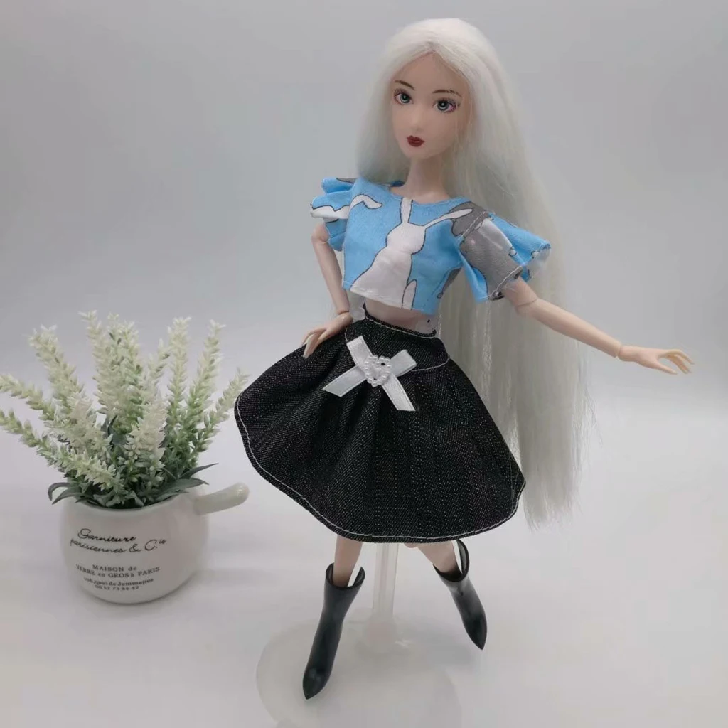 Fashion Doll Outfits Rabbit Tops & Black Denim Jean Dress Skirt For   Dolls Accessory Blue	