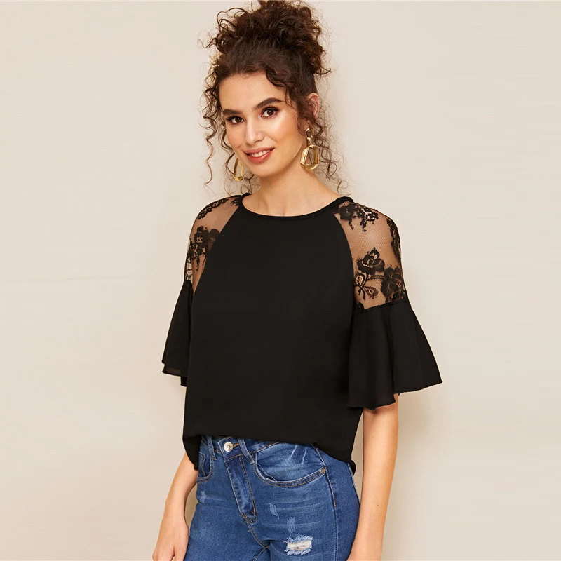 Sheinside Black Contrast Lace Trim Patchwork Blouse Women Summer Flounce Sleeve Blouses Ladies Solid Half Sleeve Top