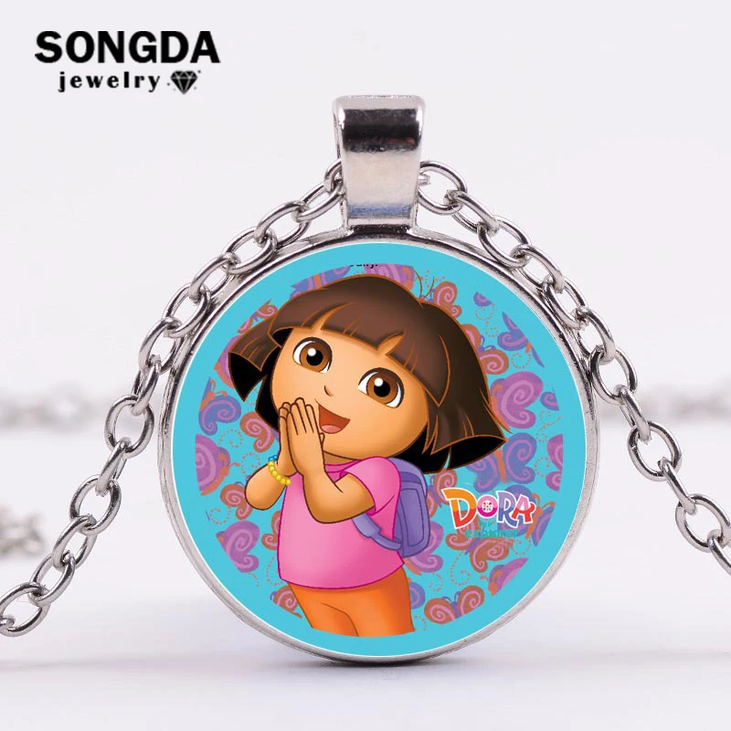 

SONGDA Dora Explorer Series Necklace Clever Little Girl Dora Cartoon Photo Crystal Glass Cabochon Necklace for Kids Girls Gifts