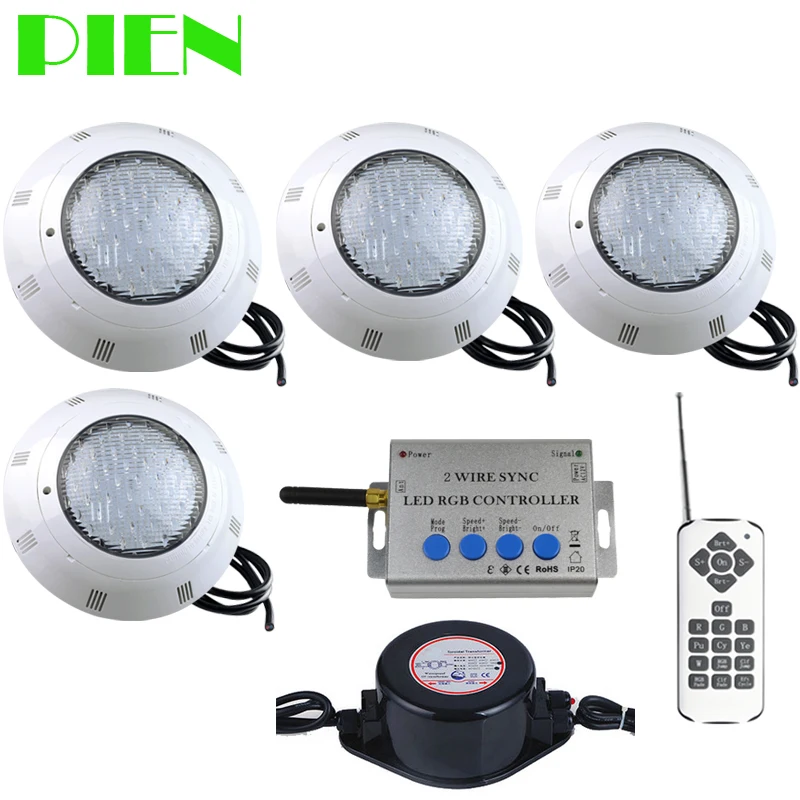 RGB 2 cables Sync LED luces de Piscina montado en la pared lámpara subacuática Piscina IP68 12 V 24 W + fuente de alimentación de control remoto impermeable 4 unids