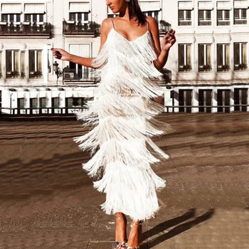 

White Black Color Ladies HL Bandage Dress Strap Sexy Tassel Bodycon Ankle-Length Dress Rayon Evening Party Dress