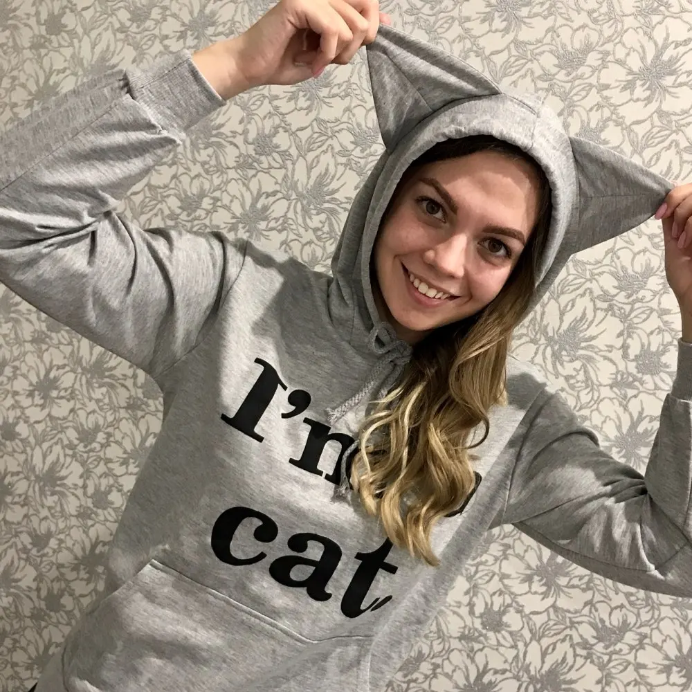 Женская толстовка с кошачьим принтом со слоганом и кошачьими ушками милая