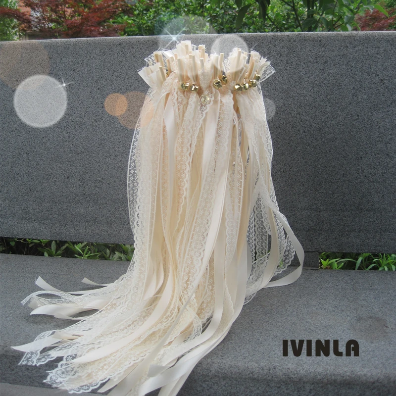 

50pcs/lot Cream Lace wedding ribbon stick wands with gold bell for wedding decoration