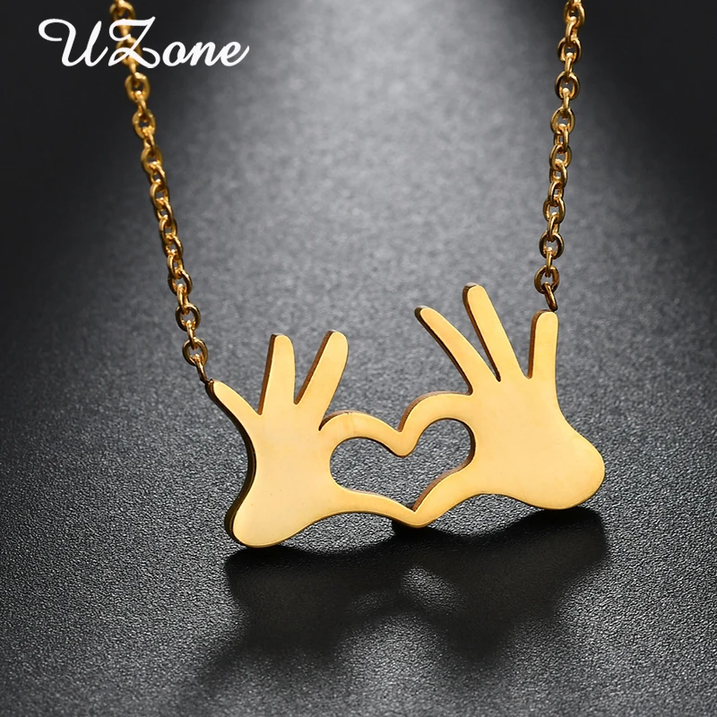 

UZone Gold-color Double Hand Love Heart Pendant Necklaces Stainless Steel Love Gesture Necklace for Women Gifts Best friends