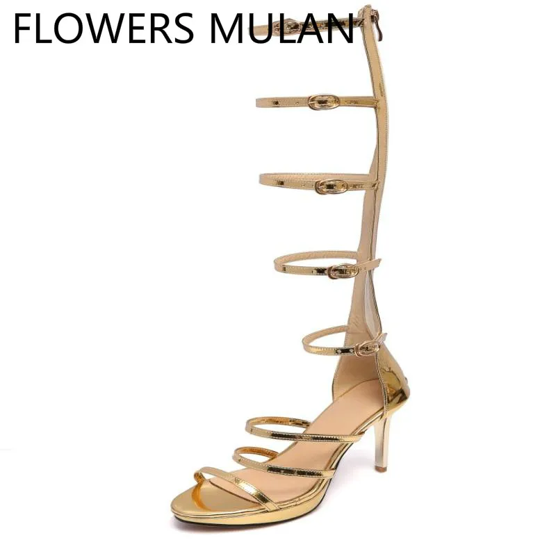 

Luxury Gold Silver Leather Narrow Band Women Sandals Brand New Designer Peep Toe Cover Heels Gladiators Knee High Back Zip Shoes