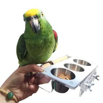 3Cups Holder Bird Feeding Parrots Playgym Seed Food Water Dish,Play Stand Hanging Stainless Steel Perches Coop Bowls Feeder 5