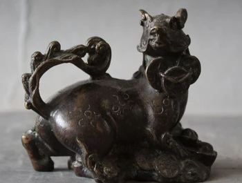

Old Chinese Fengshui Bronze Wealth Money Coin yuanbao plutus Beast pixiu Statue