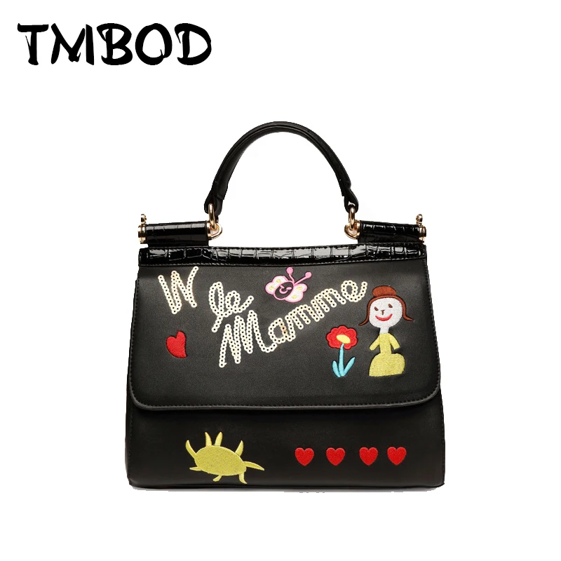 

Hot 2017 Cute Embroidery Mom and Flowers Love Tote Women Designer PU Leather Handbags Lady Shoulder Messenger Bag Bolsas an302