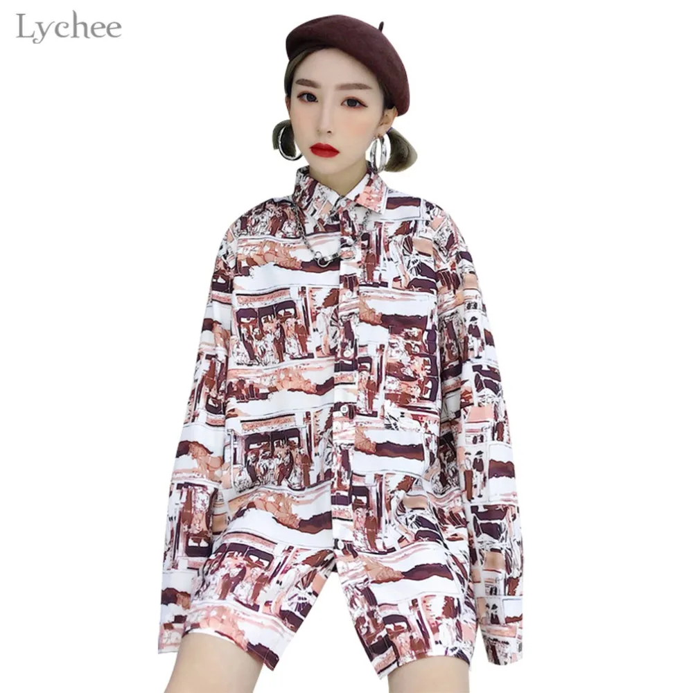 

Lychee Harajuku Graffiti Women Blouse Shirt Casual Loose Long Sleeve Blouse Turn Down Collar Blouse Shirt Tops