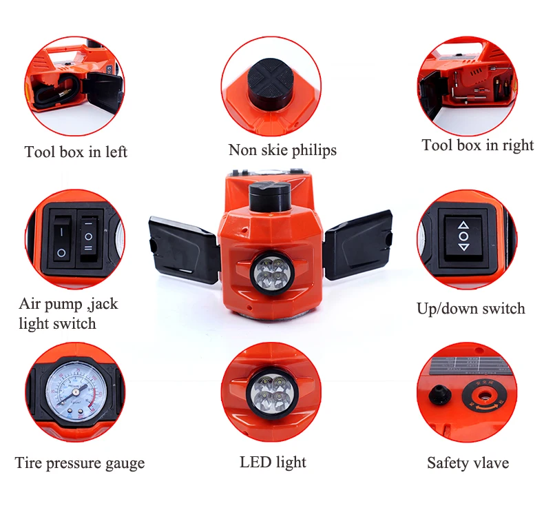  auto emergency tools small electric hydrauli jack and impact wrench air pump with big led light for