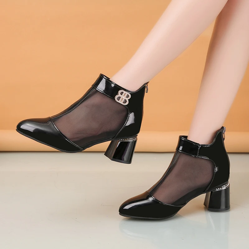 

2019 Women New Summer Sexy Patent Leather Air Mesh Boots Chunky Round Heels Office Lady Fashion Zip Work Boots Sandals Shoes