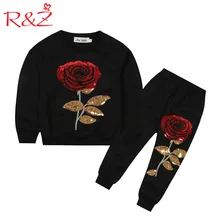 R& Z/Комплект детской одежды для мальчиков осень г. с длинным рукавом хлопок блестками футболка с розами+ Повседневное Брюки 2 шт. детская спортивная одежда костюм k1