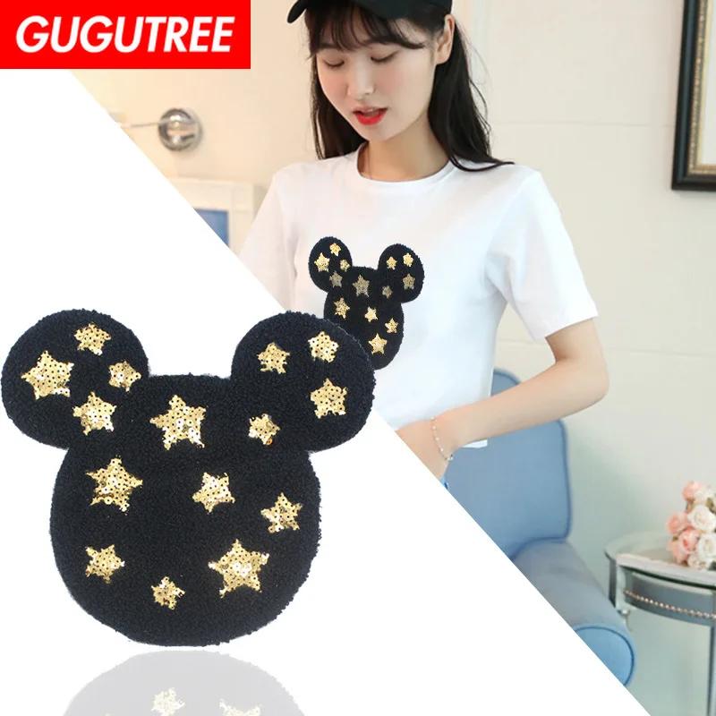 

GUGUTREE Sequins embroidery big star patches mouse patches badges applique patches for clothing XC-390